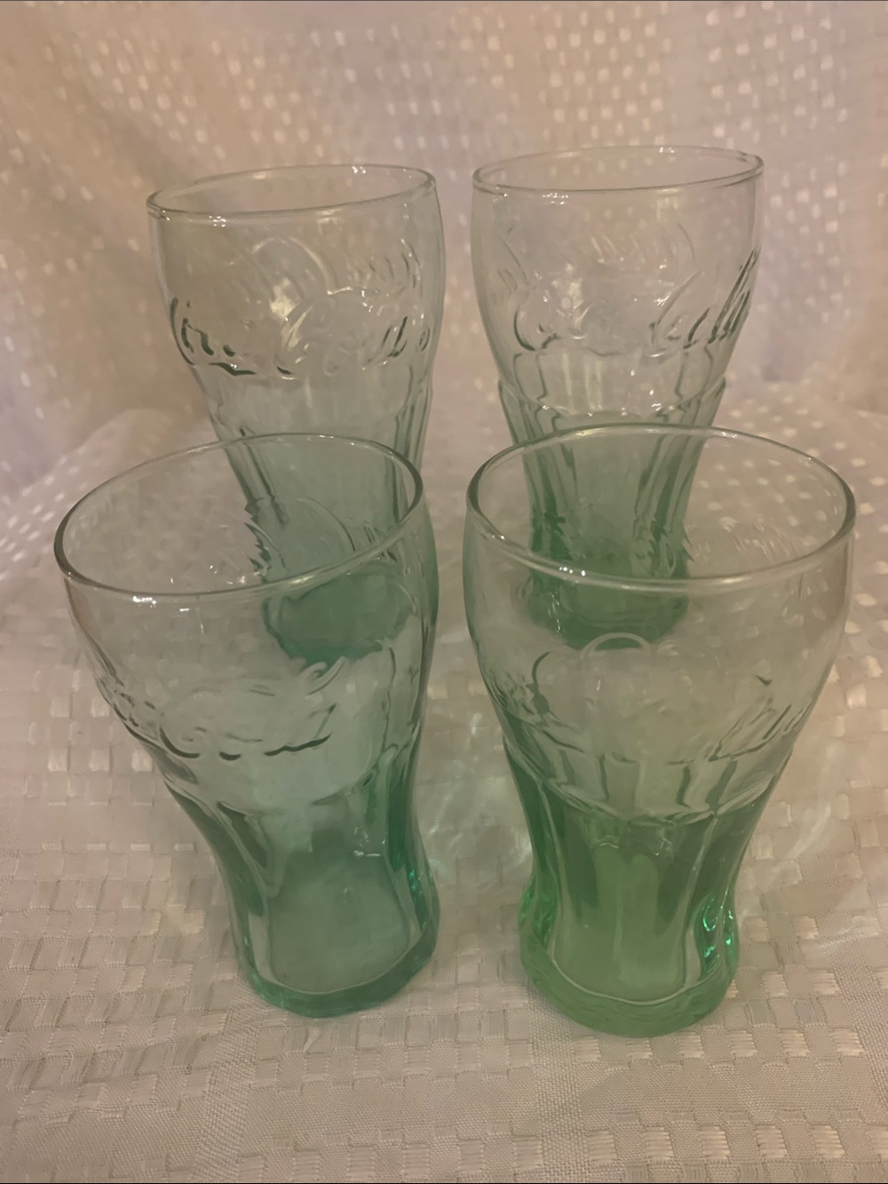 Coca-Cola Green Embossed Glass Tumblers - Set of 4, 4.5 inches tall, like new.
